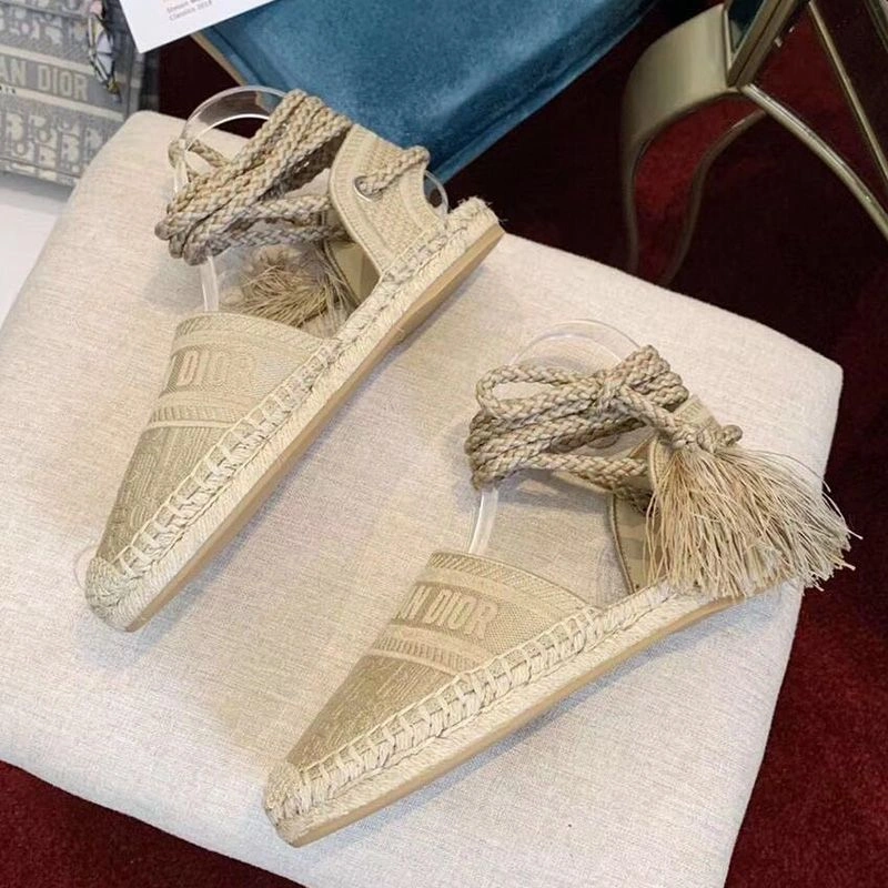 Christian Dior Granville Espadrilles with Laces Women Oblique Motif Cotton Apricot NewStyle 8580 - Image 3