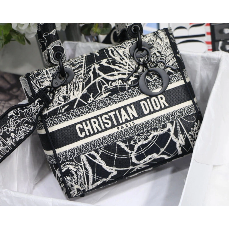 24 x 20 x Christian Dior Medium Lady D-Lite Bag Black and White Around the World Embroidery - Image 6