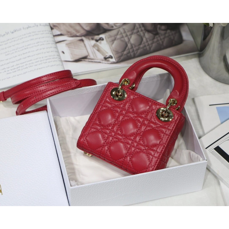 1 interio Christian Dior Micro Lady Dior Bag Red Cannage Lambskin - Image 7