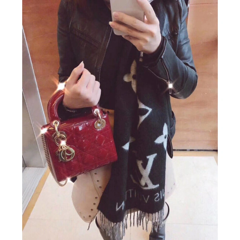 Removable Christian Dior Mini Lady Dior Bag Burgundy Patent Cannage Calfskin - Image 4