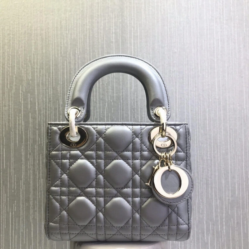 17 x 15 x Christian Dior Mini Lady Dior Bag Grey Cannage Lambskin - Image 9