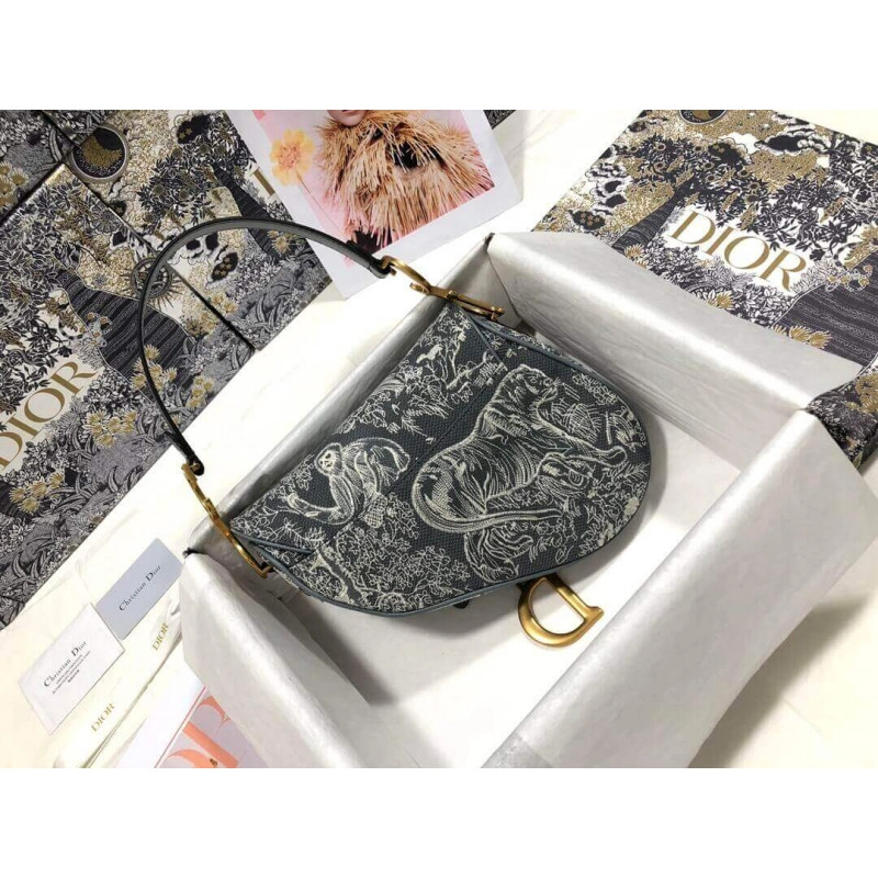 Interior Christian Dior Saddle Bag Grey Toile de Jouy Reverse Jacquard - Image 3