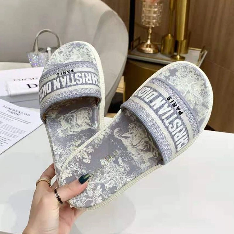 Comfortable 9200 Christian Dior Dway Slides Women Toile De Jouy Motif Cotton Grey - Image 3