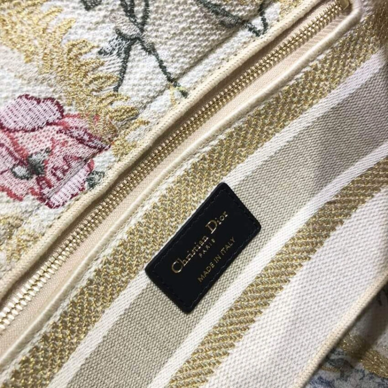 Interior Dior Medium Lady D-Lite Bag Beige Multicolor Hibiscus Metallic Thread Embroidery - Image 11