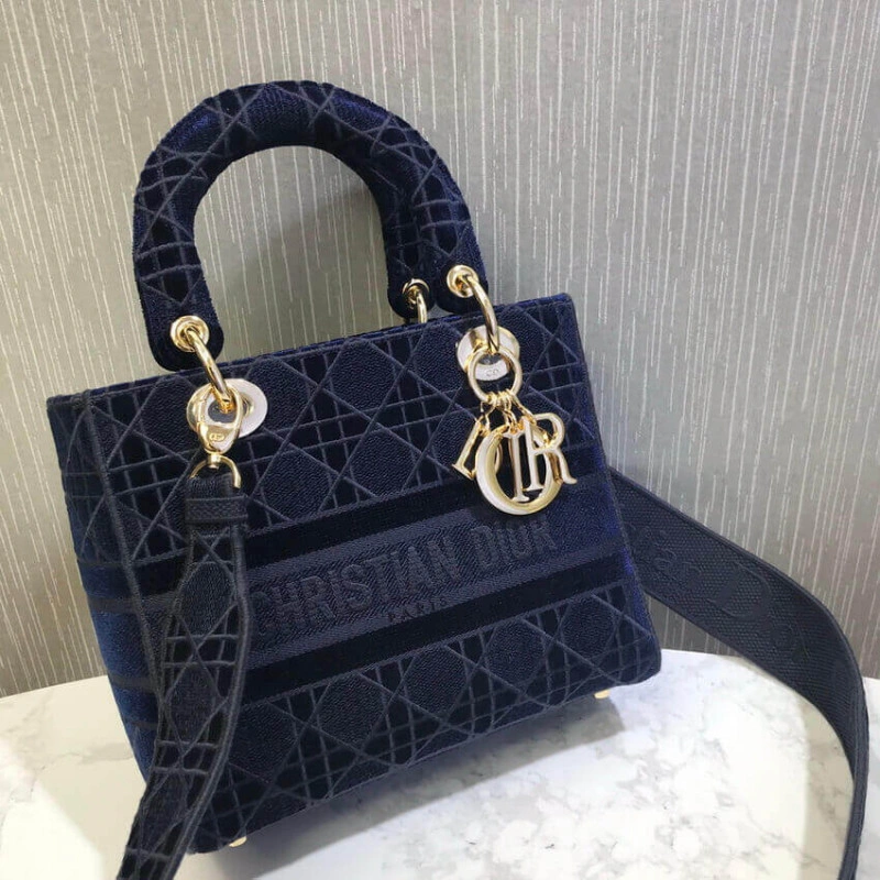 Interior Dior Medium Lady D-Lite Bag Blue Cannage Embroidered Velvet - Image 4