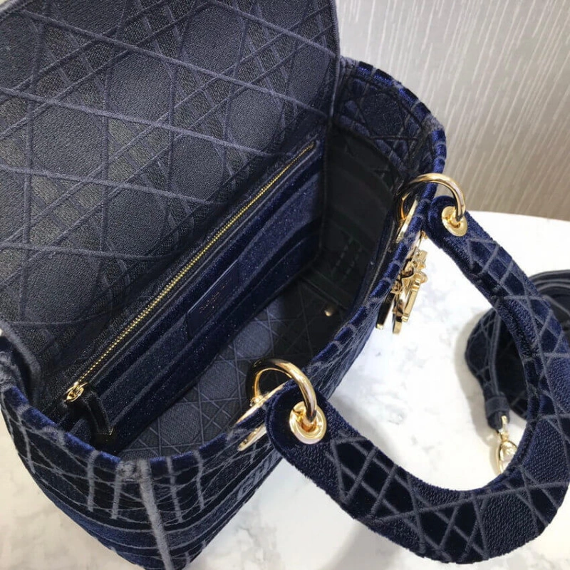 Interior Dior Medium Lady D-Lite Bag Blue Cannage Embroidered Velvet - Image 11