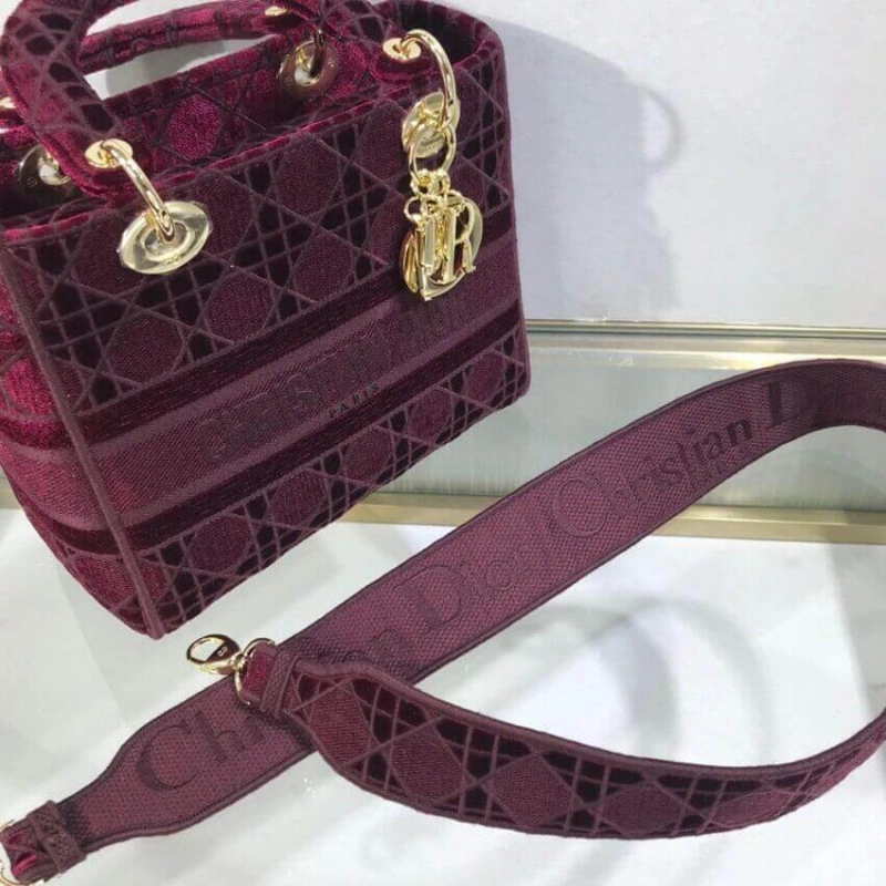 Can be ca Dior Medium Lady D-Lite Bag Burgundy Cannage Embroidered Velvet - Image 6