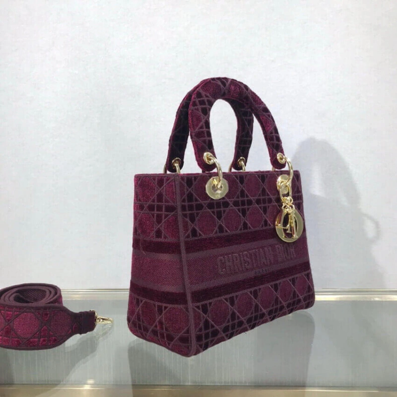 Can be ca Dior Medium Lady D-Lite Bag Burgundy Cannage Embroidered Velvet - Image 7