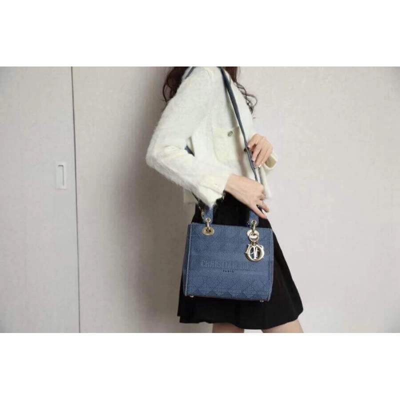 May be ca Dior Medium Lady D-Lite Bag Dark Denim Blue Cannage Embroidered - Image 6