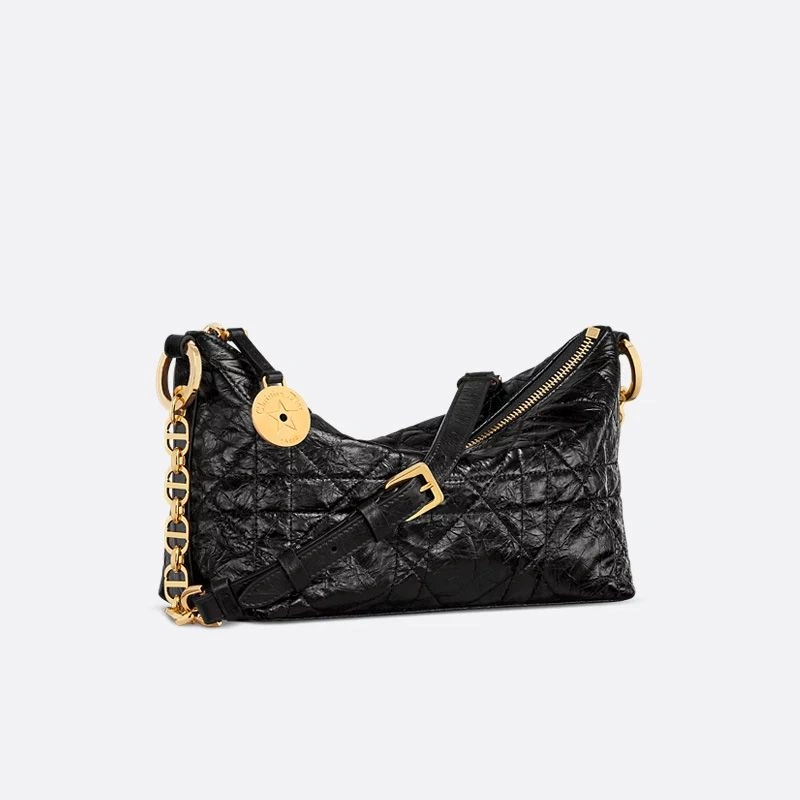 Diorstar Hobo Bag with Chain In Macrocannage Crinkled Calfskin Black HighQuality 2589 - Image 3