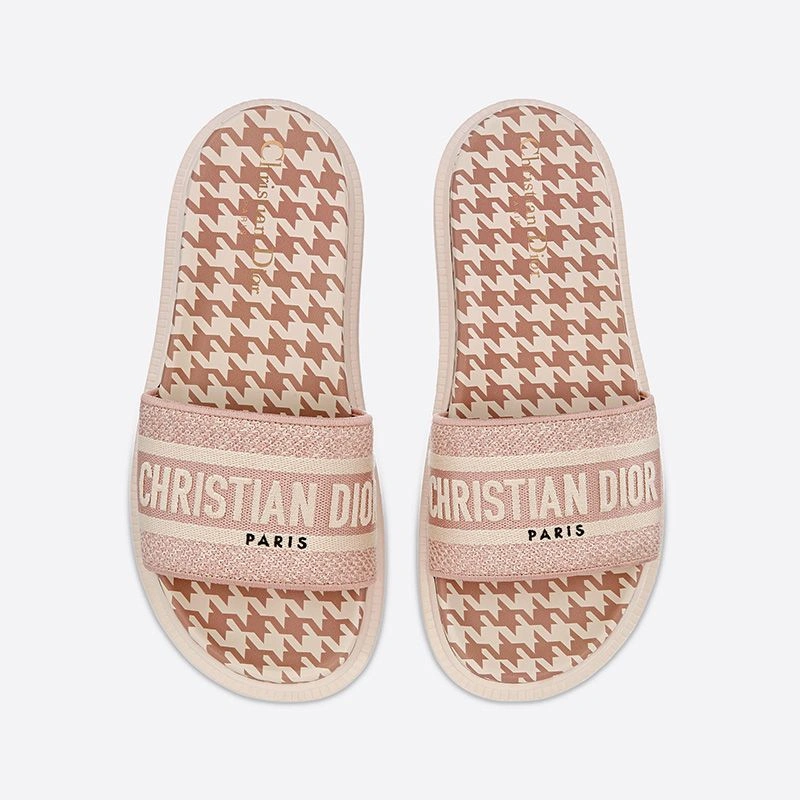 Trendy 7828 Christian Dior Dway Slides Women Micro Houndstooth Motif Cotton Cherry - Image 3