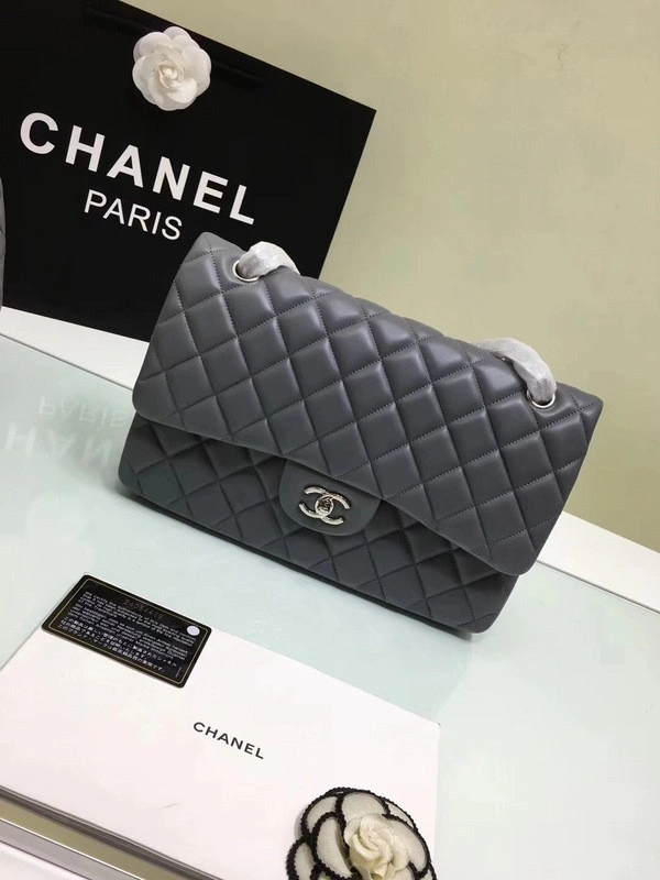 Fashionable CHANEL 1112 Grey Large Size 30cm Lambskin Leather Flap Bag With Gold Silver Hardware 841 - Image 3