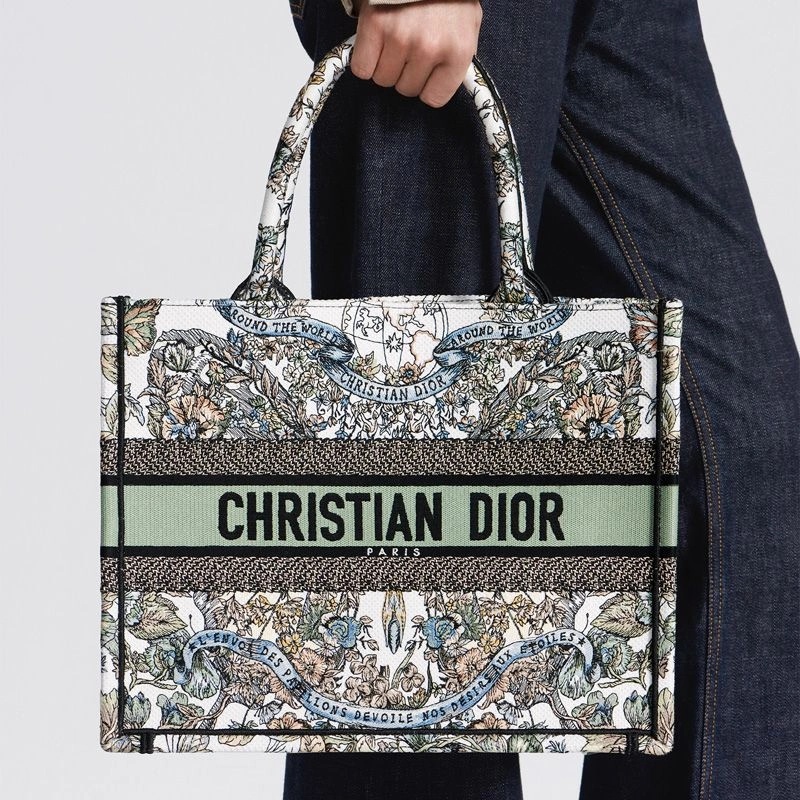 Dior Book Tote Butterfly Around The World Motif Canvas White Green - Image 5