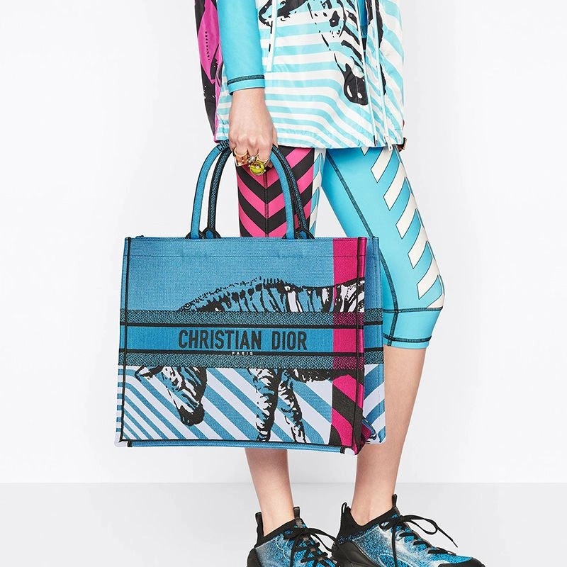 Dior Book Tote D-Jungle Pop Motif Canvas Blue Rose - Image 4