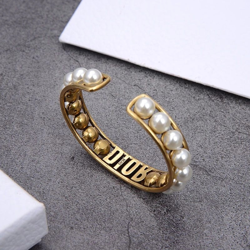 Dior Cuff Bracelet Antique Metal with White Resin Pearls and White Crystals Gold - Image 4