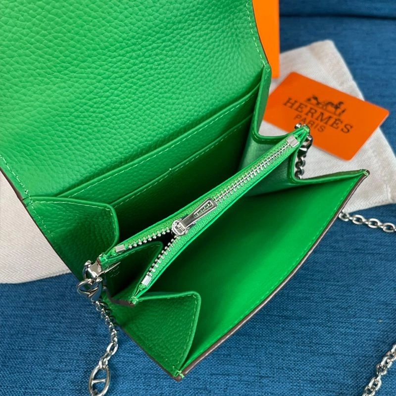 Hermes Constance Compact Wallet with Chain Togo Leather Palladium Hardware In Green - Image 3