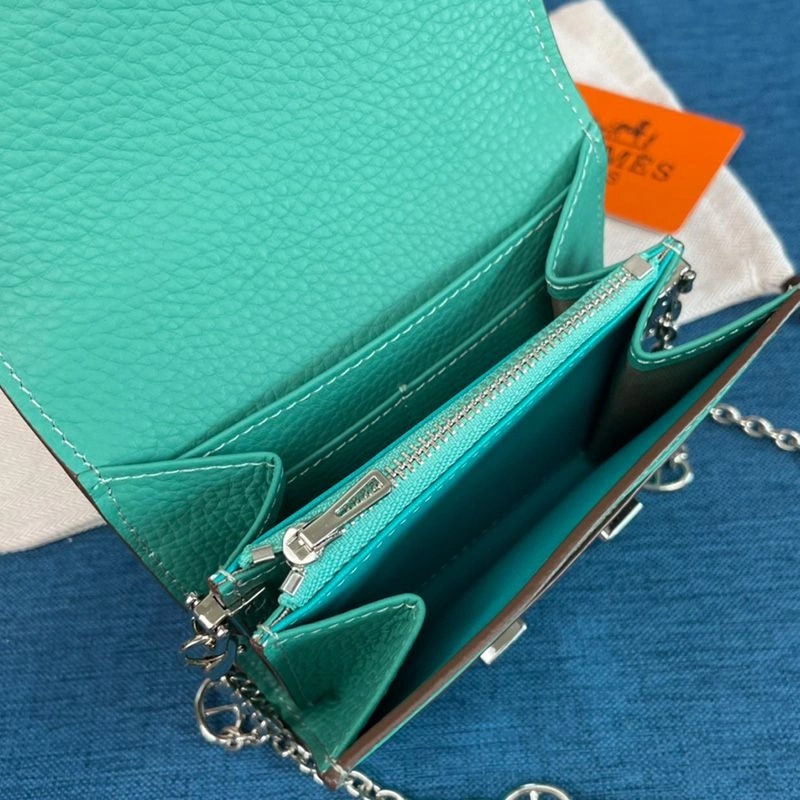 Hermes Constance Compact Wallet with Chain Togo Leather Palladium Hardware In Teal - Image 3