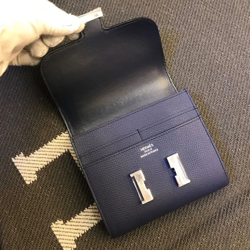 Hermes Constance Compact Wallet Epsom Leather Palladium Hardware In Navy Blue - Image 3