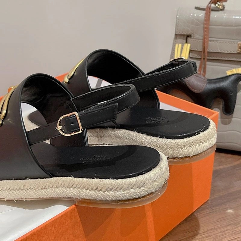 Hermes Eloise Espadrille Sandals Women Calfskin with Roulis Buckle In Black - Image 4