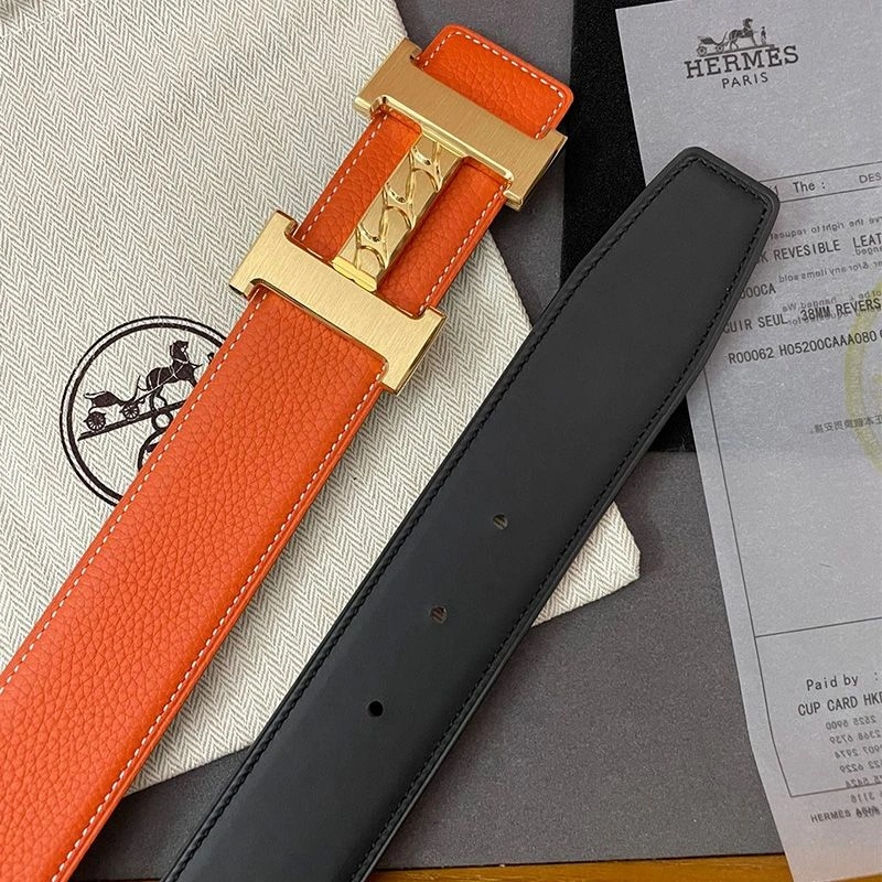 Hermes H Gourmette 38 Reversible Belt Leather In Orange Black - Image 3