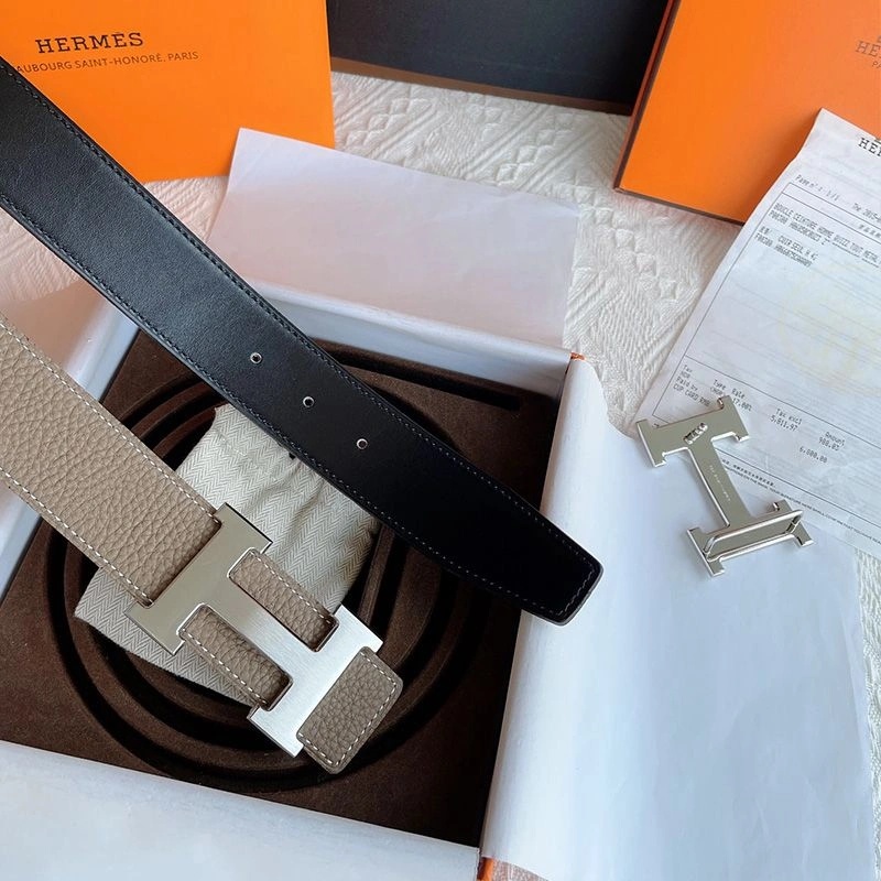 Hermes H Logo Buckle 38 Reversible Belt Leather In Grey Black - Image 3