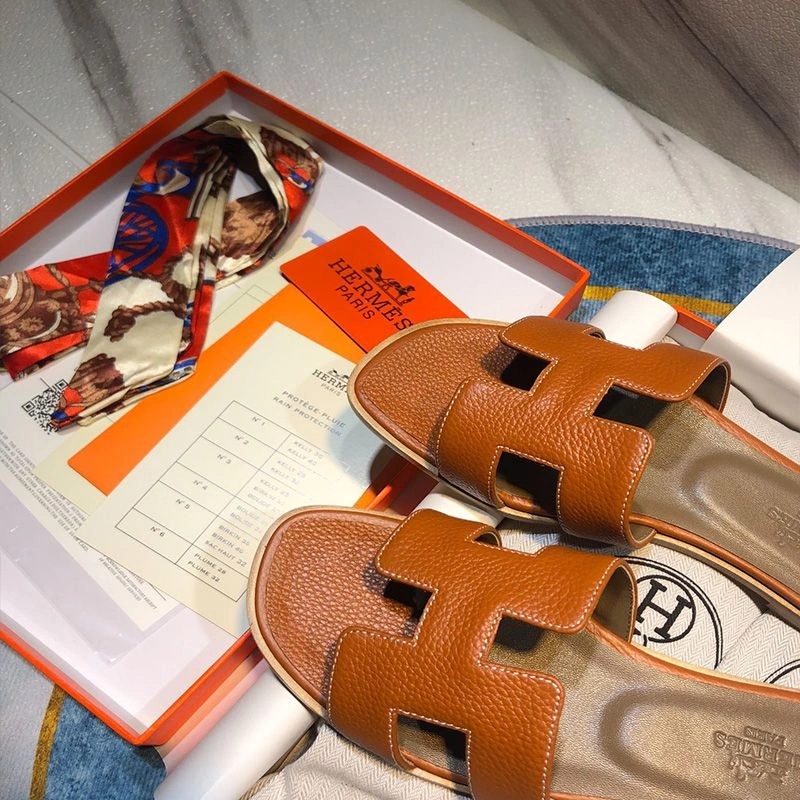 Hermes Oran Slides Women Calf Leather In Brown - Image 5