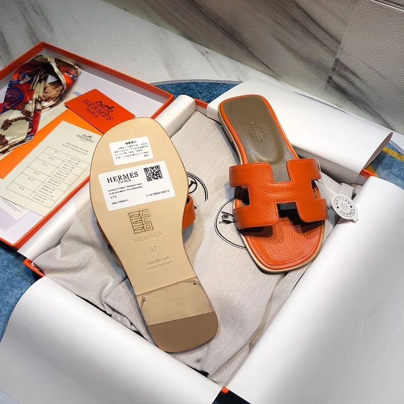 Hermes Oran Slides Women Calf Leather In Orange - Image 3