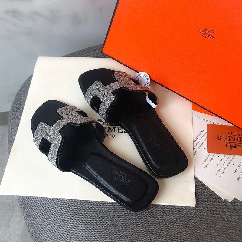 Hermes Oran Slides Women Glitter Leather In Black Silver - Image 5