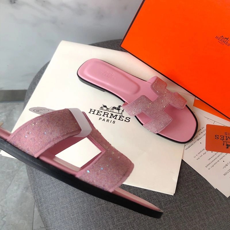 Hermes Oran Slides Women Glitter Leather In Pink - Image 3