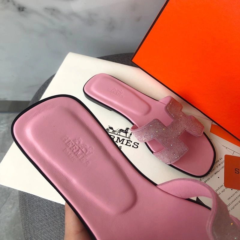 Hermes Oran Slides Women Glitter Leather In Pink - Image 4