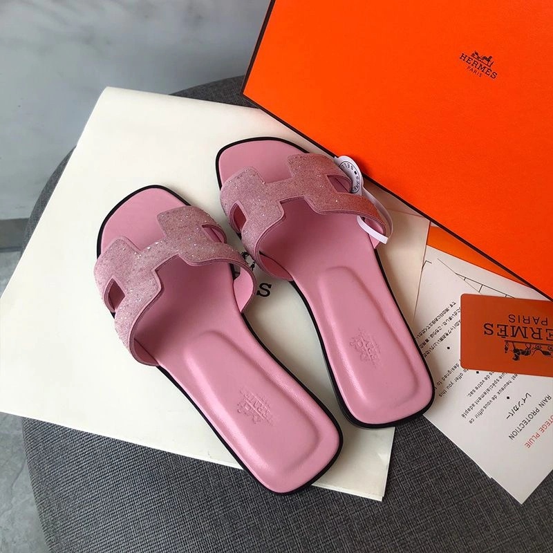 Hermes Oran Slides Women Glitter Leather In Pink - Image 5