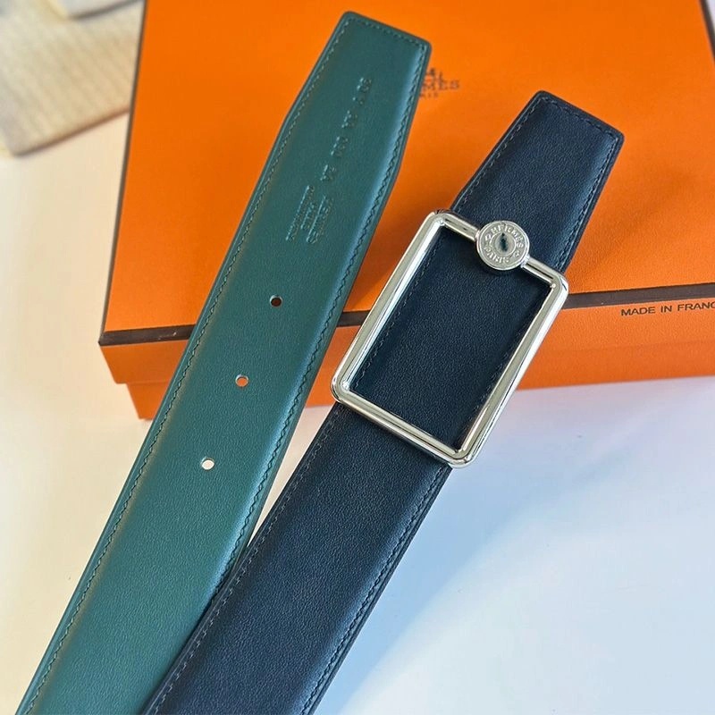 Hermes Tube Letter Buckle 38 Reversible Belt Leather In Green Black - Image 3