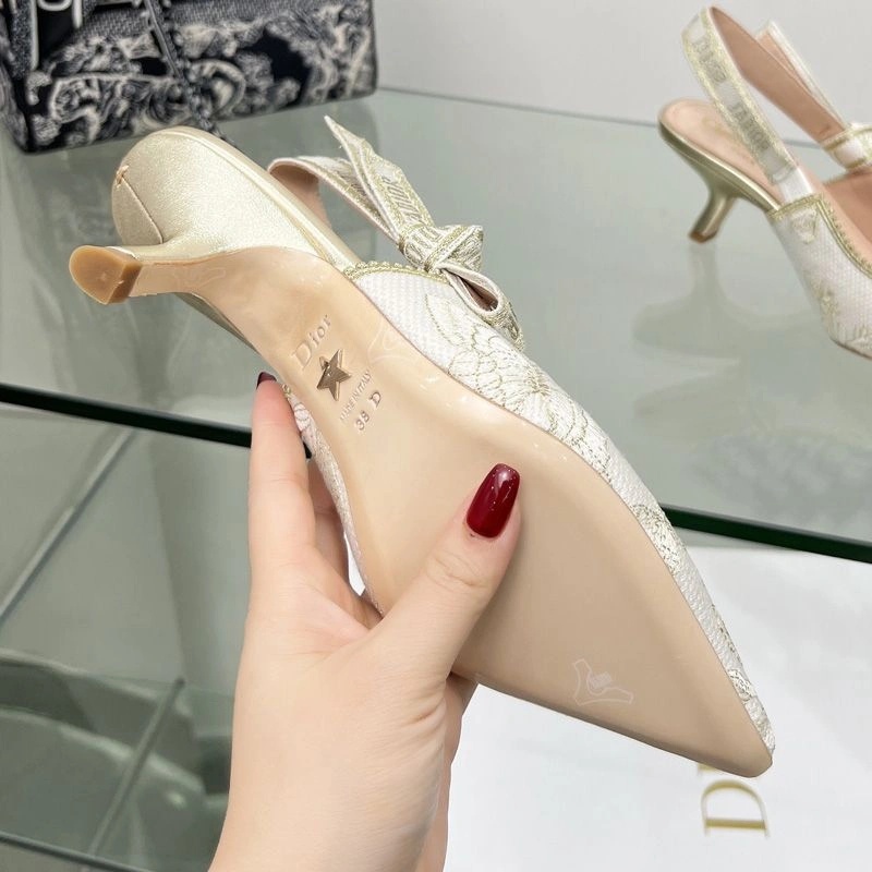 J'Adior Slingback Pumps Women Toile de Jouy Mexico Motif Canvas White Gold - Image 5